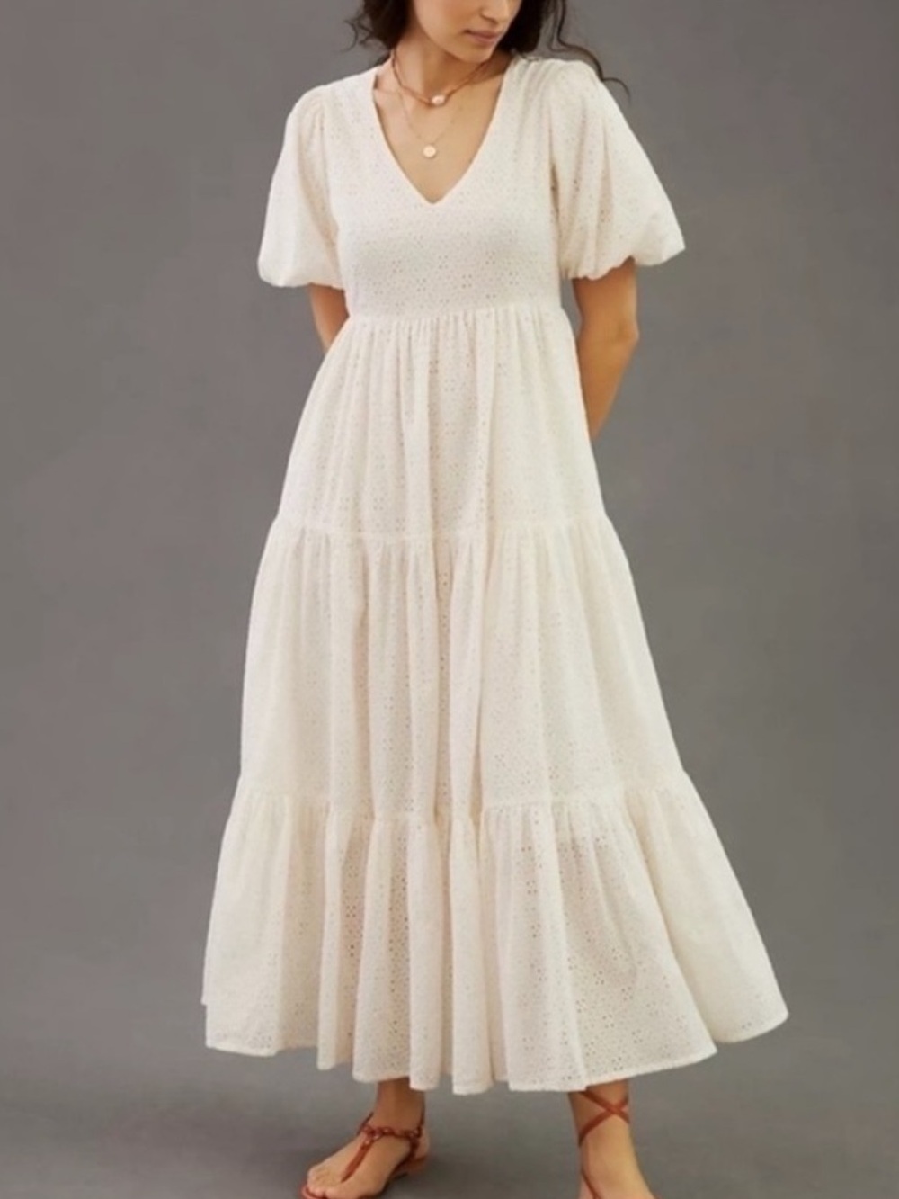 MOTHER Cream Eyelet Tiered Maxi Dress with V-Neck and Puff Sleeves